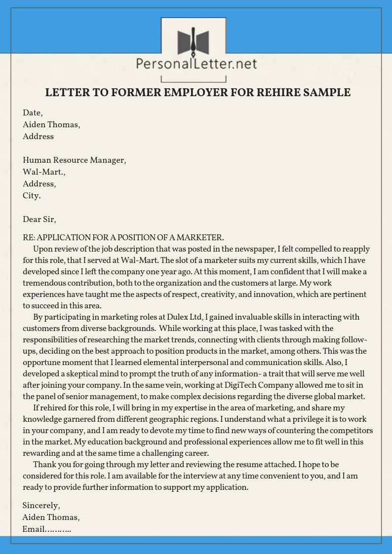 Rehire Letter To Employer Reapplication Letter Samples