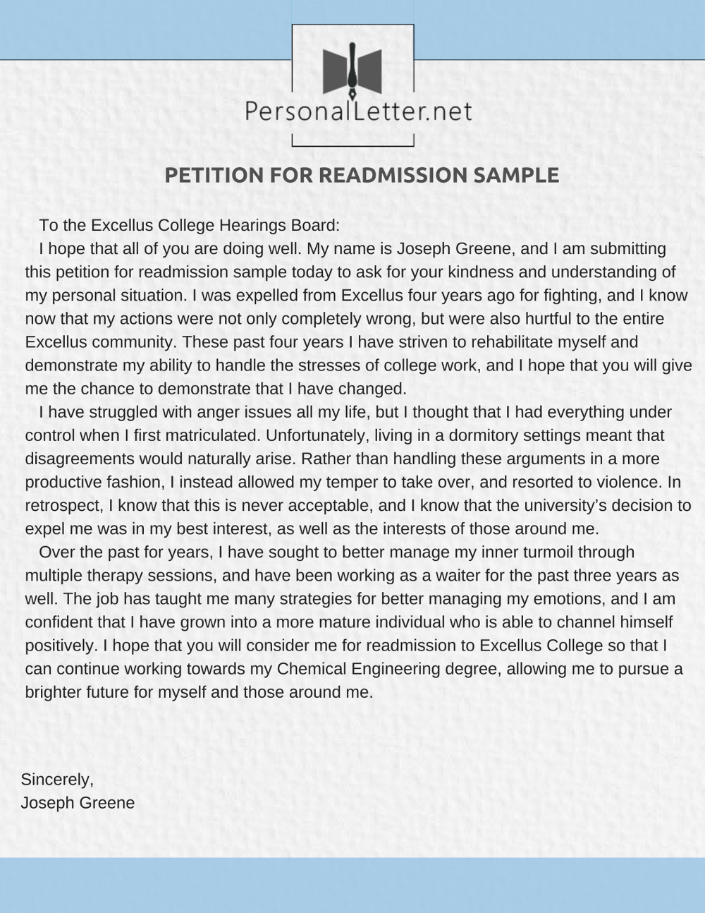 Our Exceptional Petition For Readmission Sample Letter